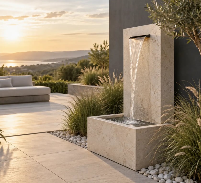 Fontaine décoration jardin en pierre installée sur une terrasse avec graminées et galets