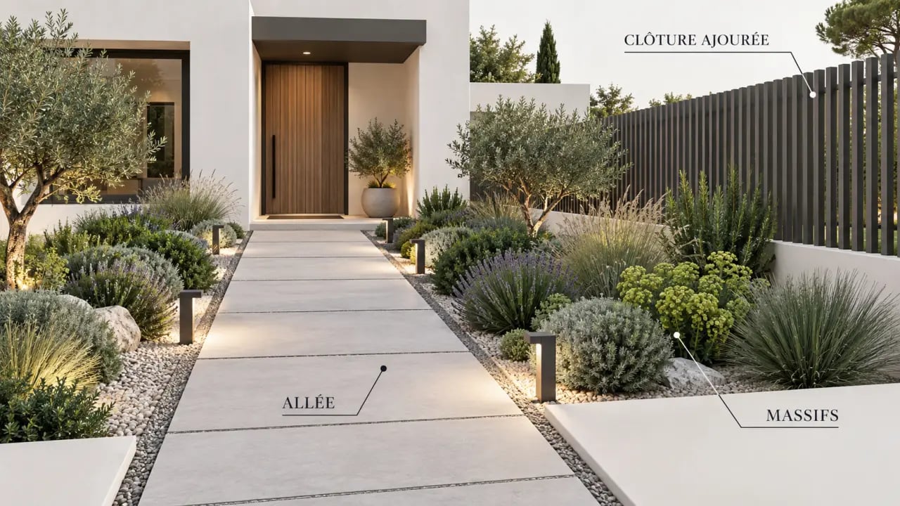 Aménagement extérieur devant maison avec allée, massifs plantés, clôture ajourée et éclairage