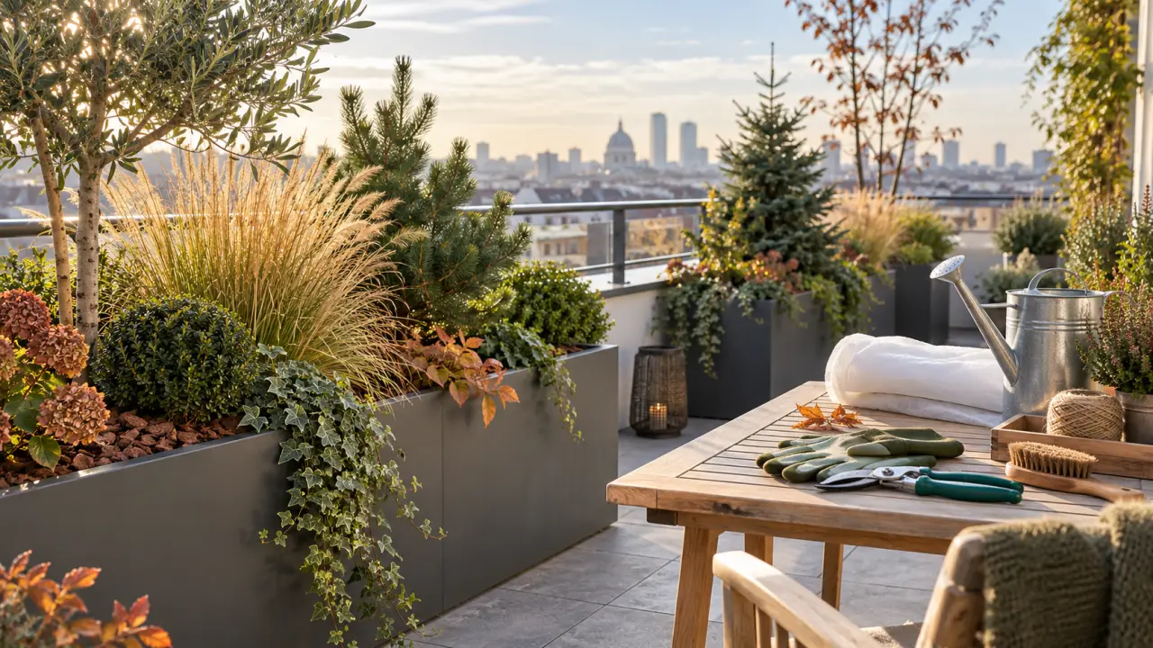 Terrasse végétalisée contemporaine préparée pour l’hiver