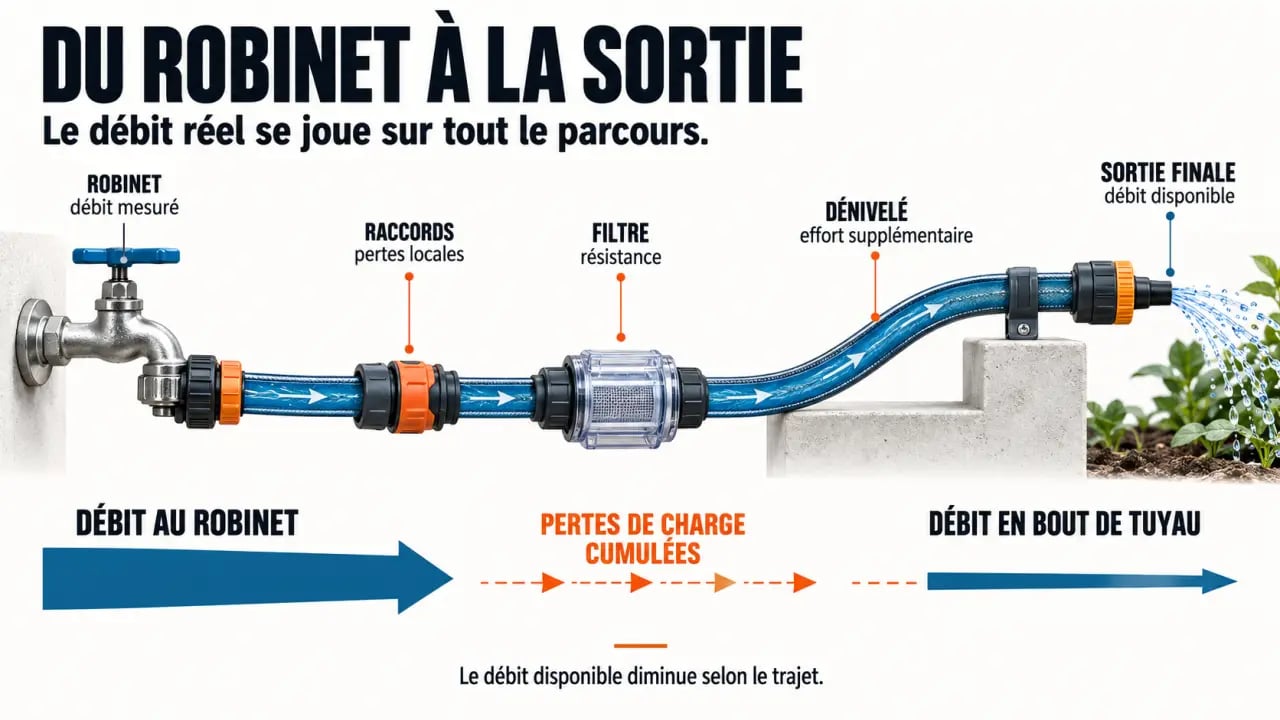 Schéma du débit d’un tuyau d’arrosage entre le robinet et la sortie finale
