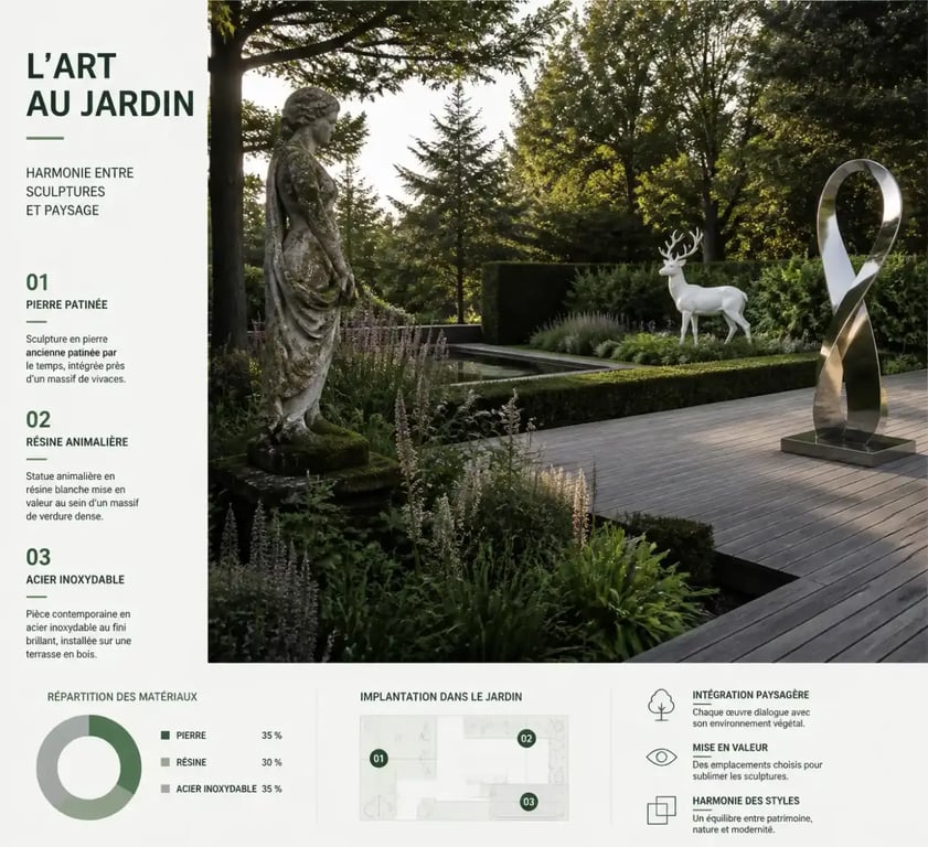 Statues décoration jardin en pierre, résine et acier inoxydable intégrées dans un aménagement paysager
