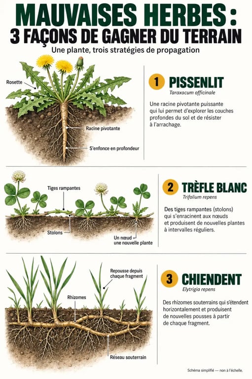 Illustration des mauvaises herbes selon leur mode de propagation : racine pivotante, stolons et rhizomes