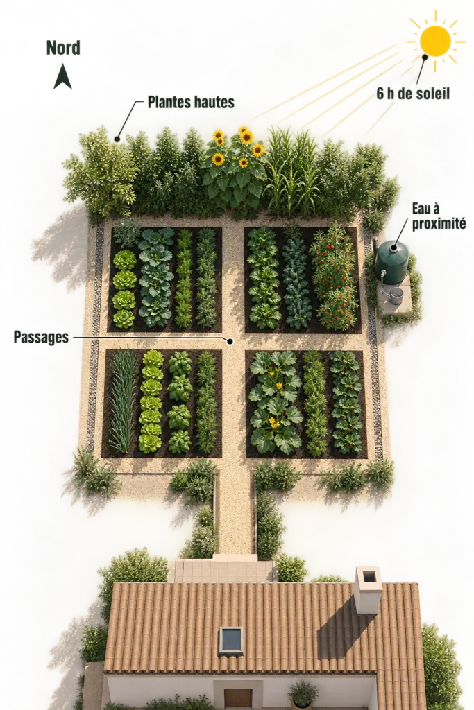 Plan potager débutant illustrant l’orientation, les passages, le soleil et la disposition des cultures