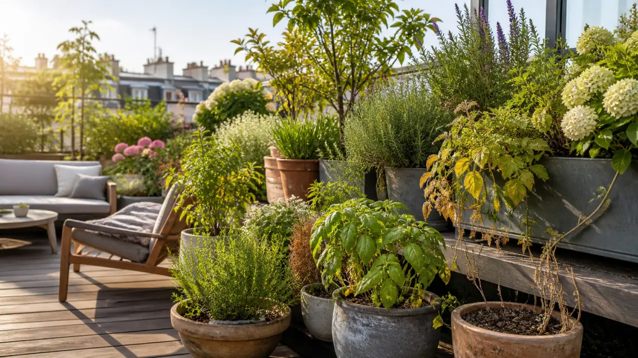Terrasse végétalisée contemporaine avec plantations luxuriantes et lumière de fin de journée