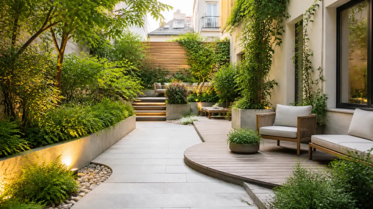 Avant/après d’un patio bétonné transformé par des plantations et des volumes végétaux