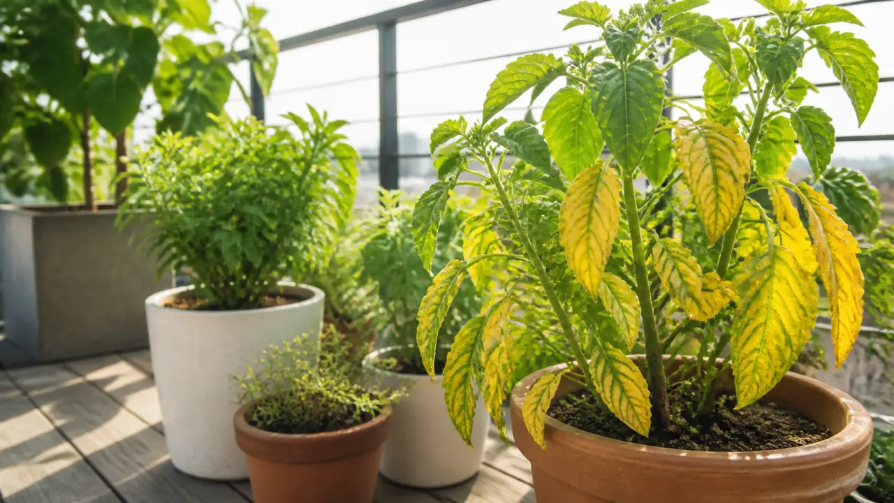 Terrasse végétalisée avec feuillages variés baignée d'une lumière douce