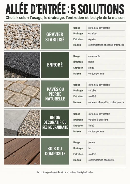Infographie sur les revêtements pour l’aménagement d’une allée d’entrée de maison