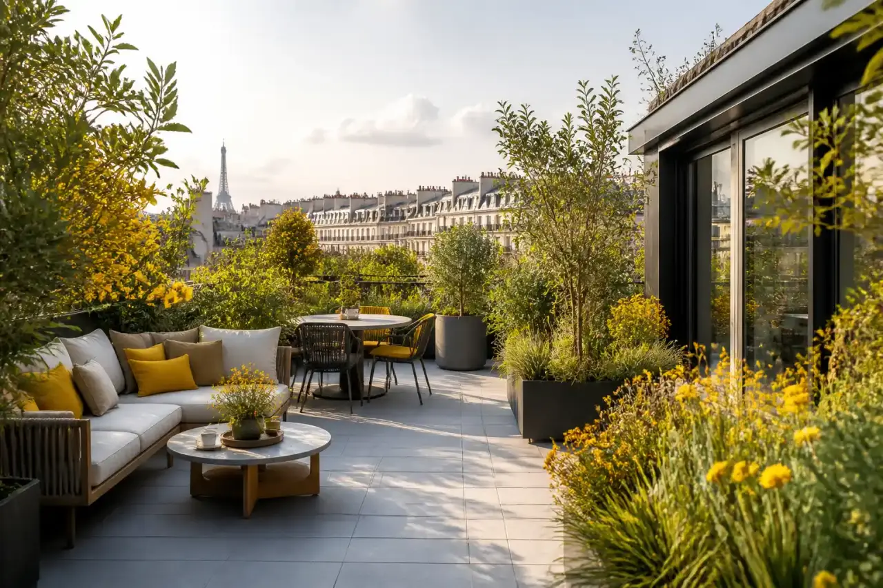 Terrasse urbaine moderne avec des plantes aux textures contrastées et des touches de feuillages dorés