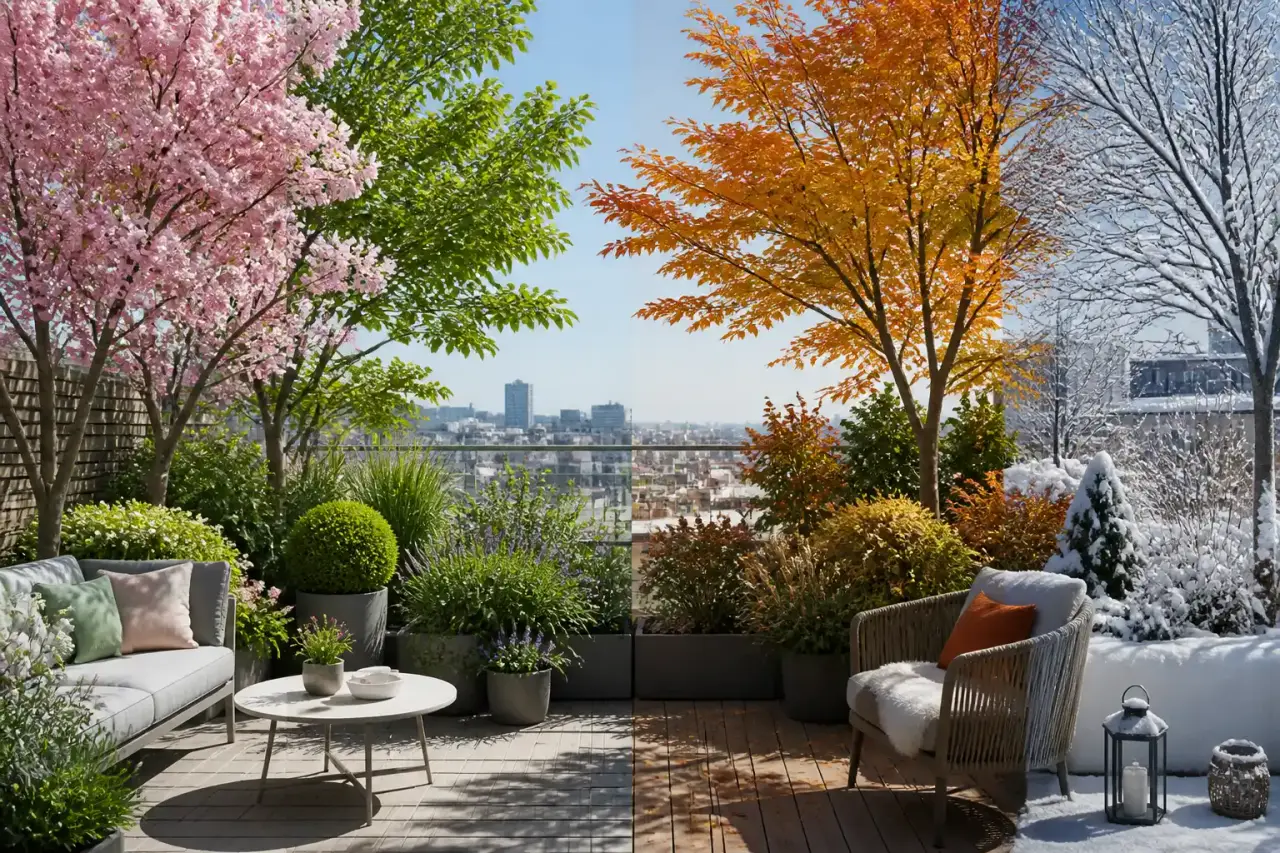 Terrasse végétalisée contemporaine avec graminées, feuillages persistants et mobilier cosy