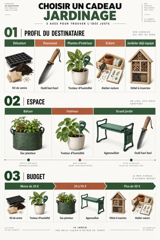 Infographie pour choisir un cadeau jardinage selon le profil, l’espace et le budget