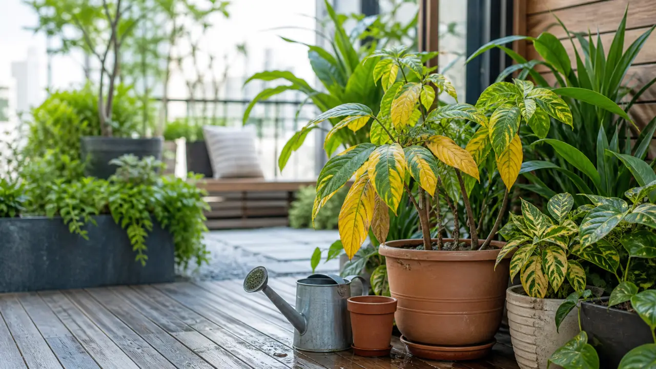 Jardin urbain contemporain avec plantes luxuriantes et lumière douce