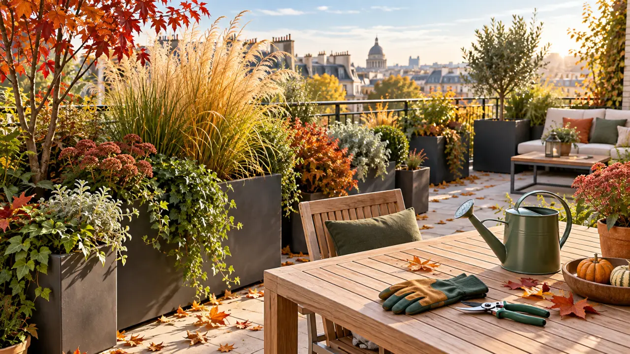 Terrasse végétalisée aux couleurs de l’automne avec graminées et plantes en pots