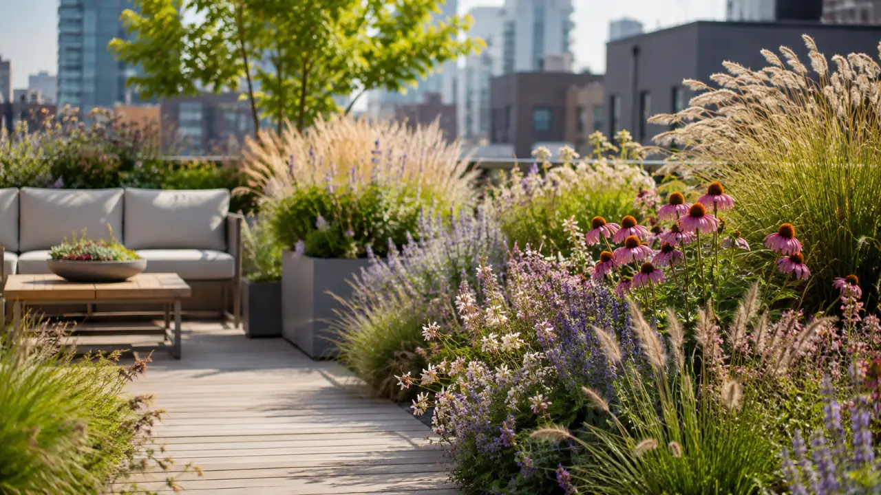 Jardin urbain contemporain où vivaces et graminées composent une scène végétale fluide et lumineuse