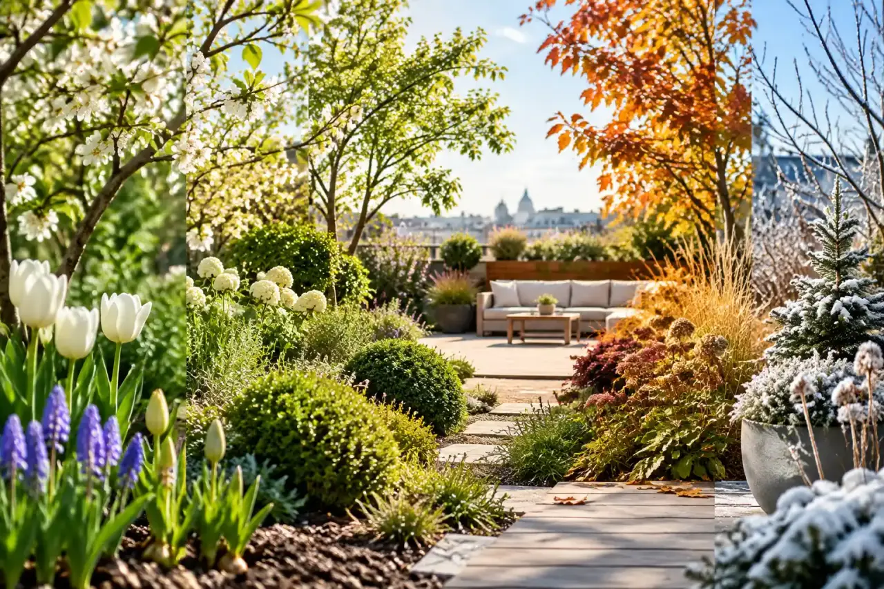 Jardin urbain vivant composé de bulbes, de feuillages et de graminées au fil des saisons