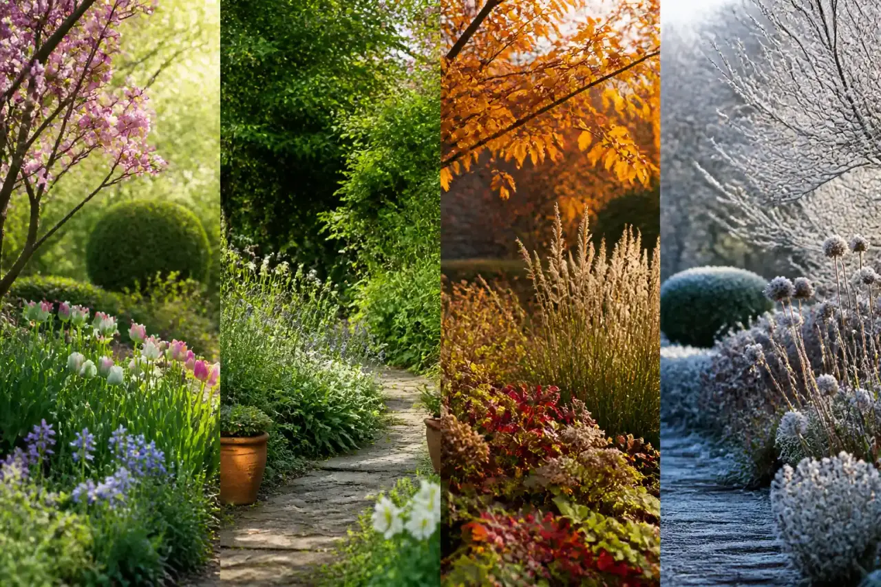 Jardin urbain moderne baigné par une lumière dorée, avec des plantes aux formes organiques et un aménagement fluide