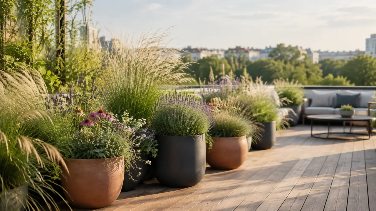 Terrasse contemporaine composée de graminées et de vivaces fleuries