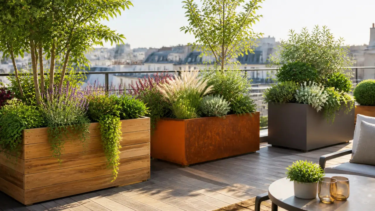 Terrasse contemporaine avec différents types de bacs à plantes haut de gamme