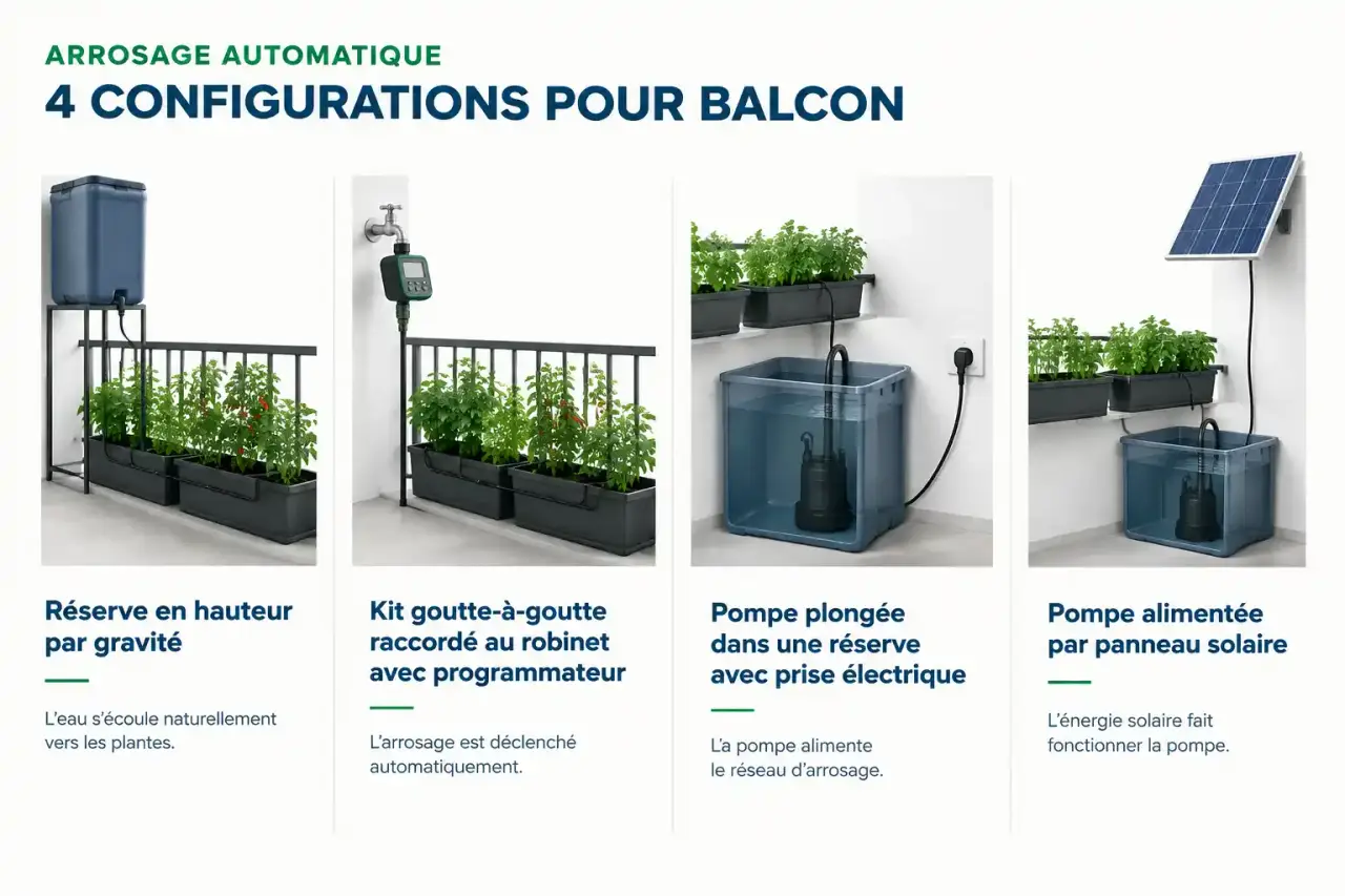 Schéma des quatre configurations d'arrosage automatique pour balcon : gravité, robinet, pompe électrique et solaire
