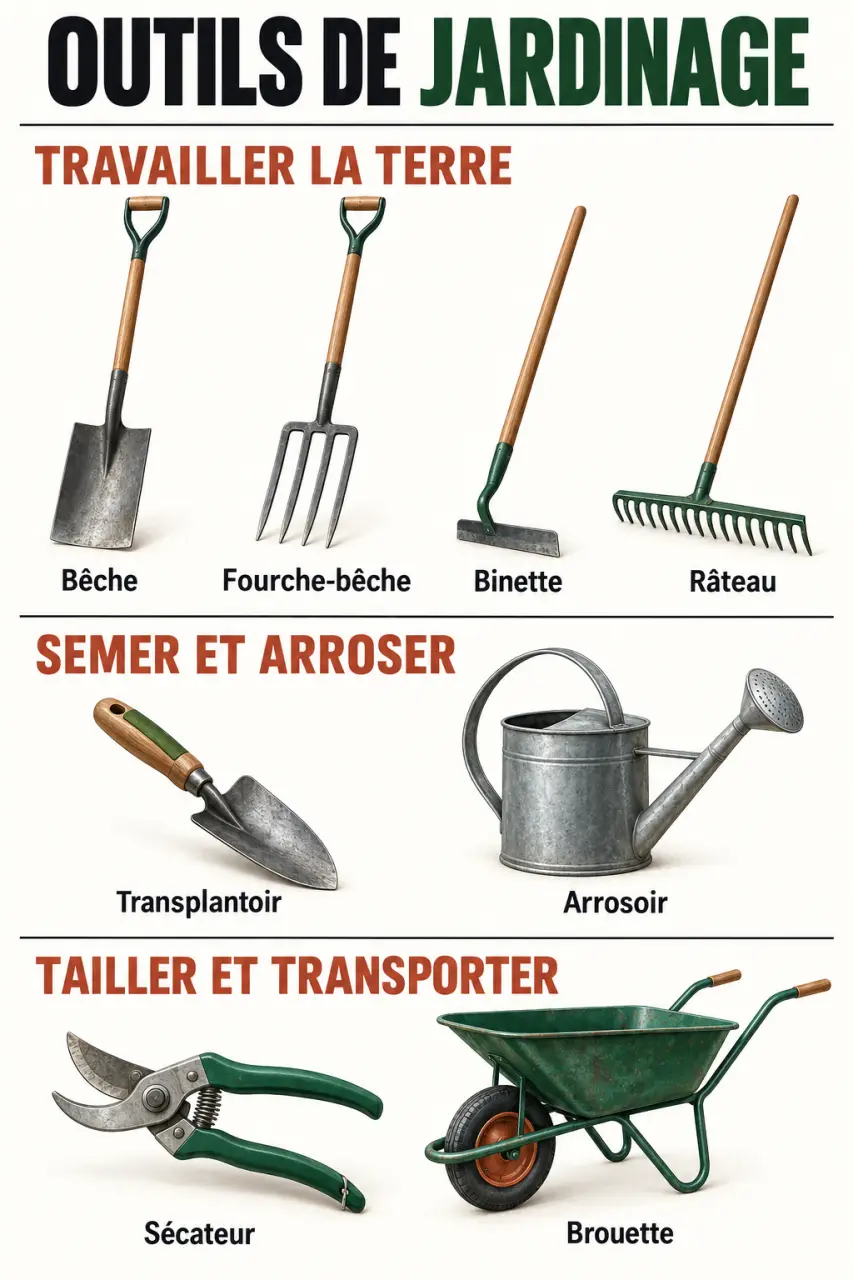 Infographie du vocabulaire des outils de jardinage avec bêche, binette, râteau, transplantoir, arrosoir et sécateur