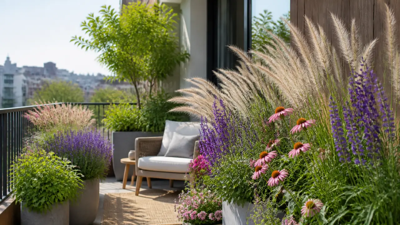 Balcon urbain vivant mêlant graminées souples et vivaces florifères dans une lumière douce
