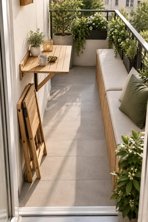 Décoration balcon extérieur étroit avec mobilier pliant et jardinières