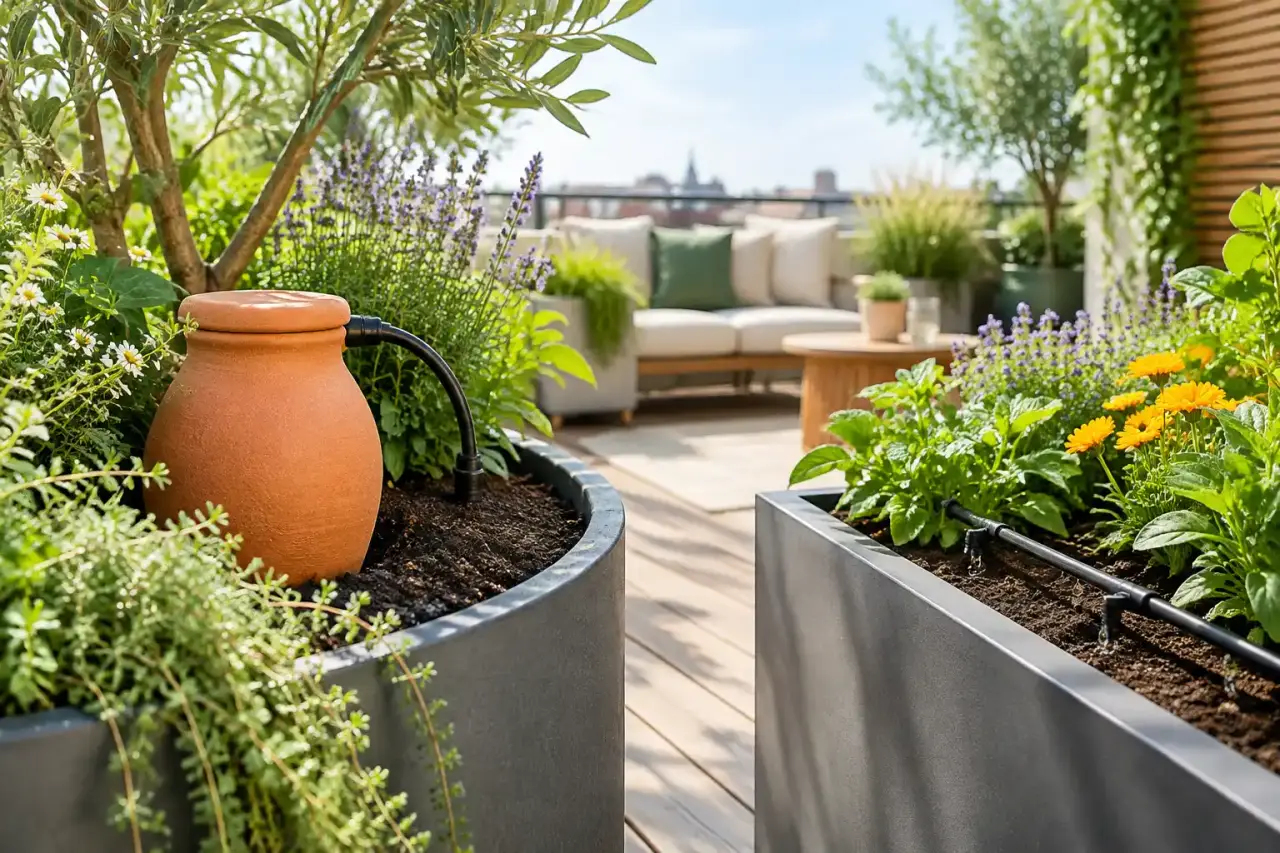 Terrasse végétalisée avec plantes en pots et système d'arrosage économe
