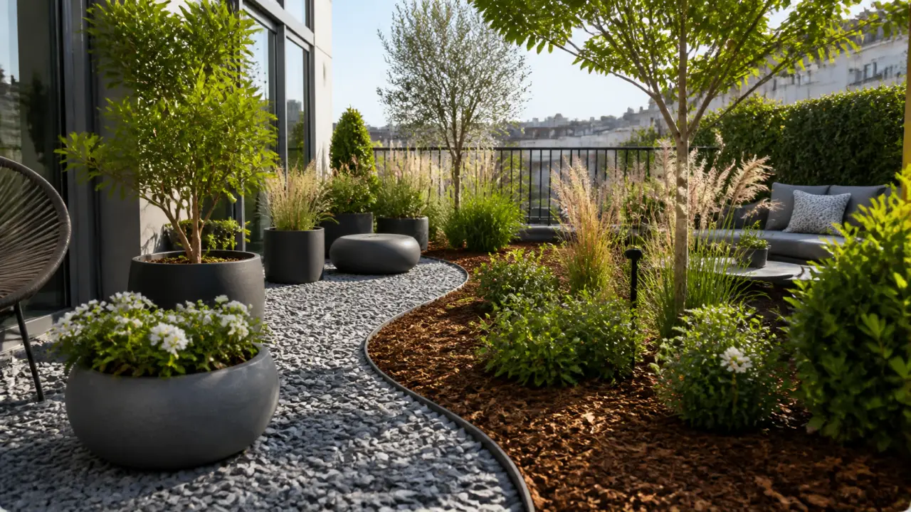 Terrasse végétalisée design avec paillage et plantes graphiques