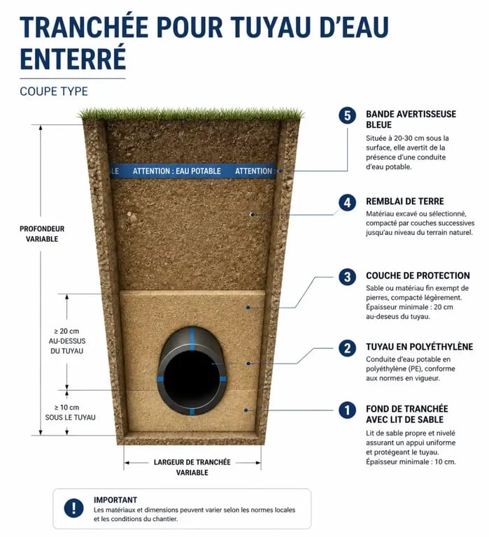 Schéma de coupe d'une tranchée pour enterrer un tuyau d'eau