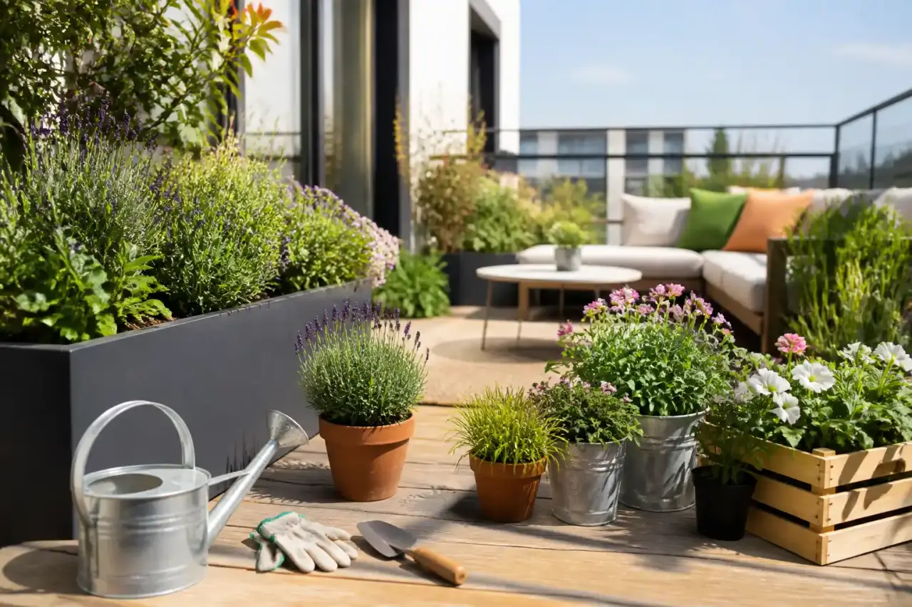 Terrasse végétalisée moderne baignée par la lumière dorée du soir