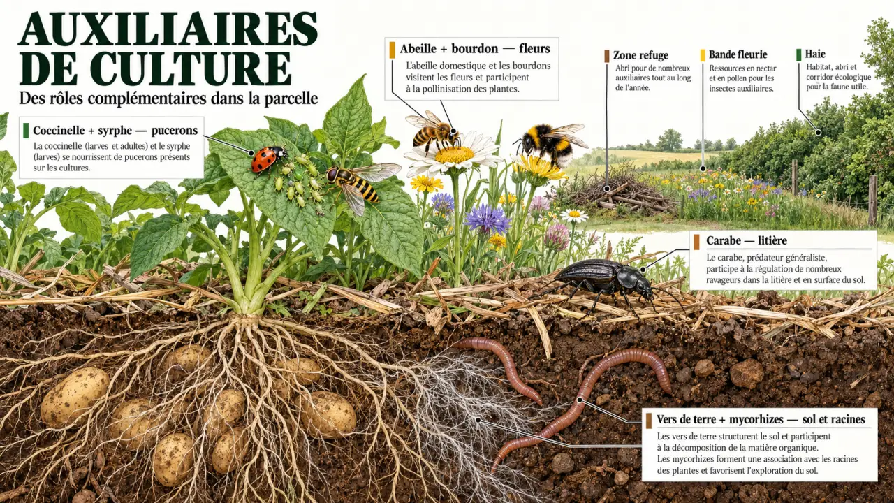 Infographie sur les auxiliaires de culture et leurs rôles dans les feuilles, les fleurs et le sol