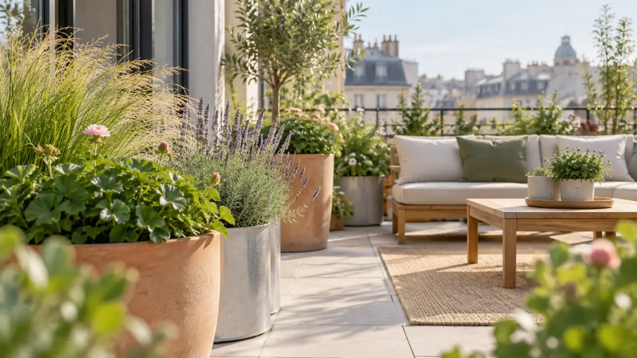 Terrasse végétalisée avec des plantes fleuries dans des pots contemporains