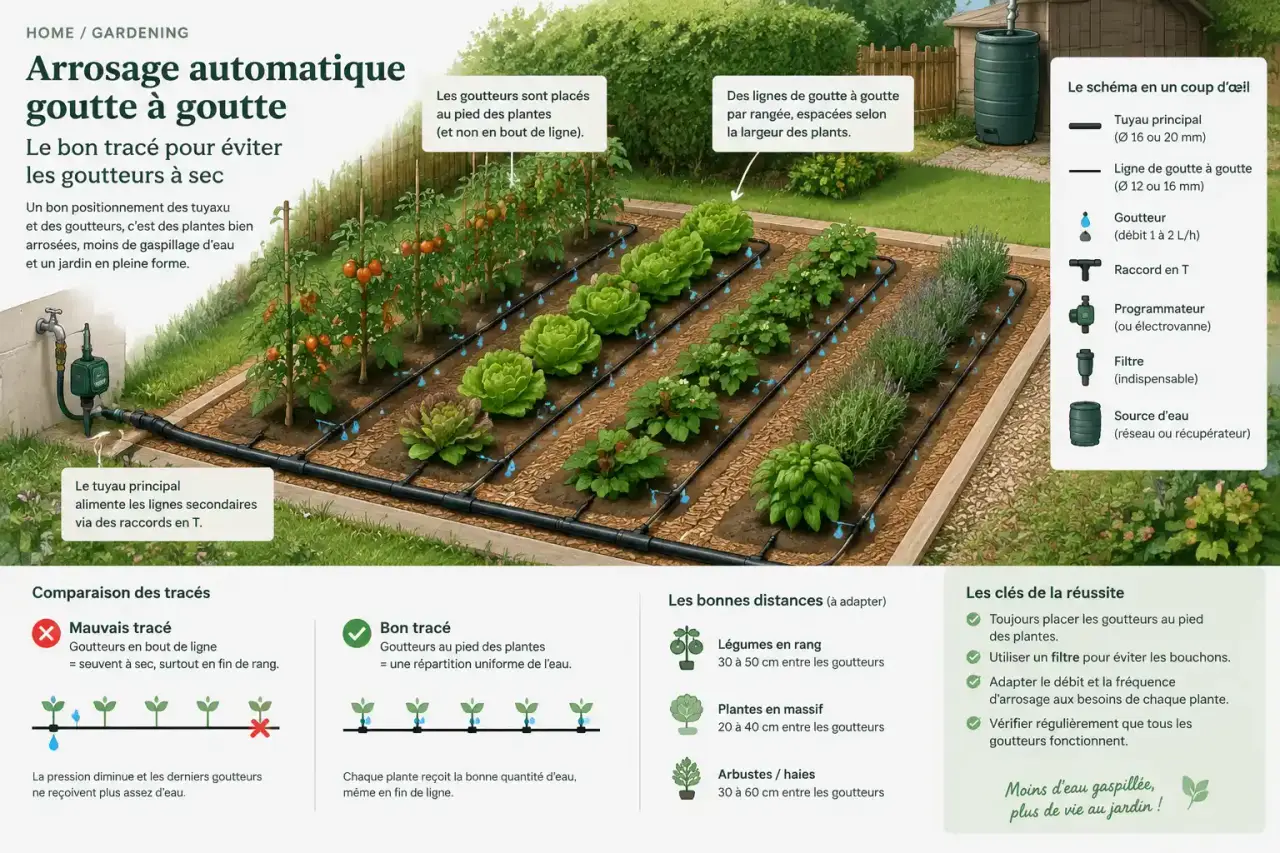 Schéma d’arrosage automatique goutte à goutte : le bon tracé pour éviter les goutteurs à sec