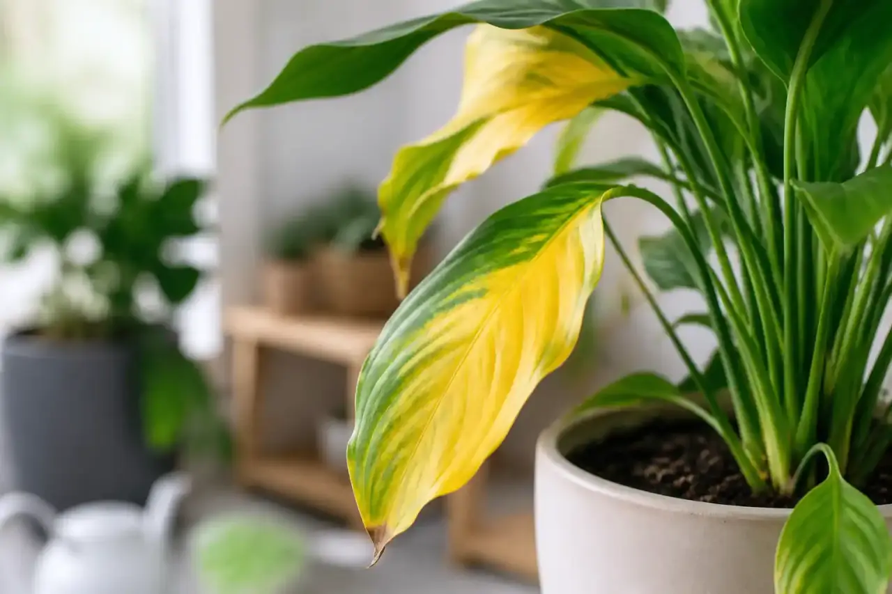 Gros plan sur une feuille de plante d'intérieur montrant des signes de jaunissement léger
