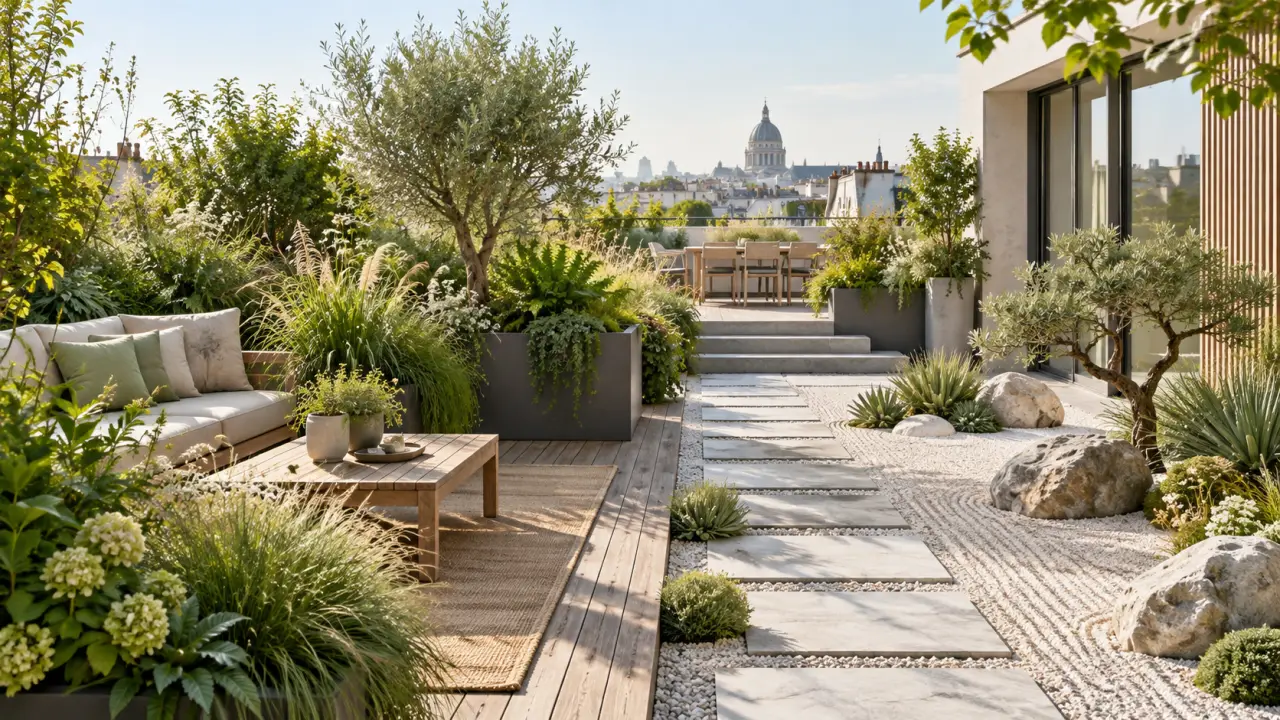 Terrasse contemporaine mêlant plantations luxuriantes et éléments minéraux