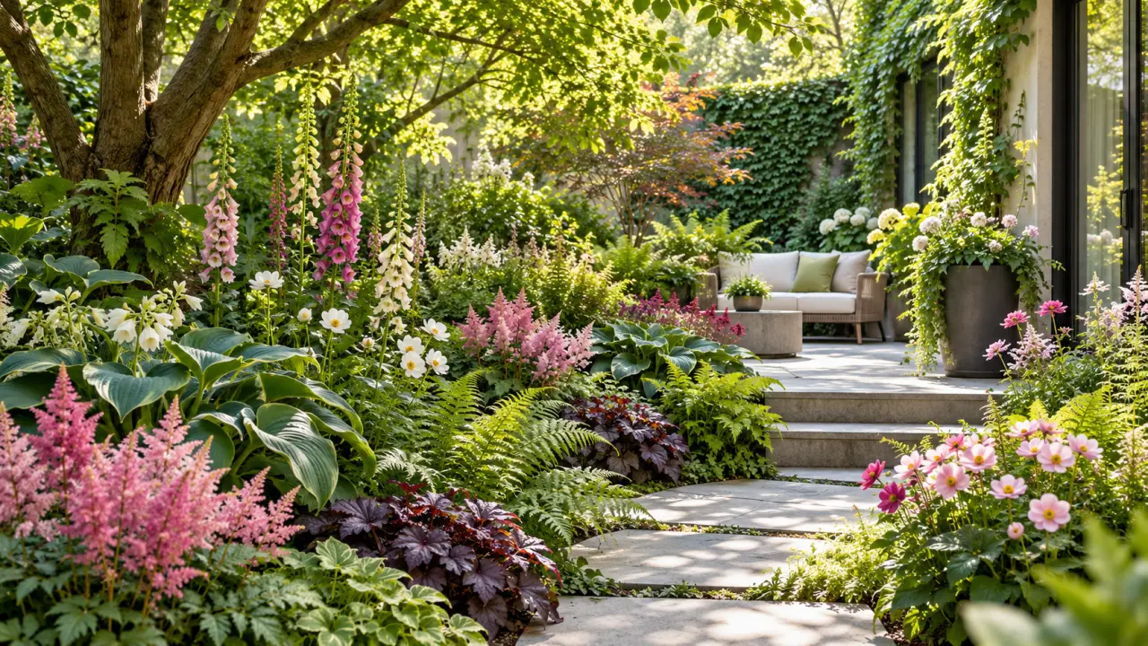 Jardin urbain fleuri mêlant plantes d'ombre, feuillages texturés et fleurs délicates