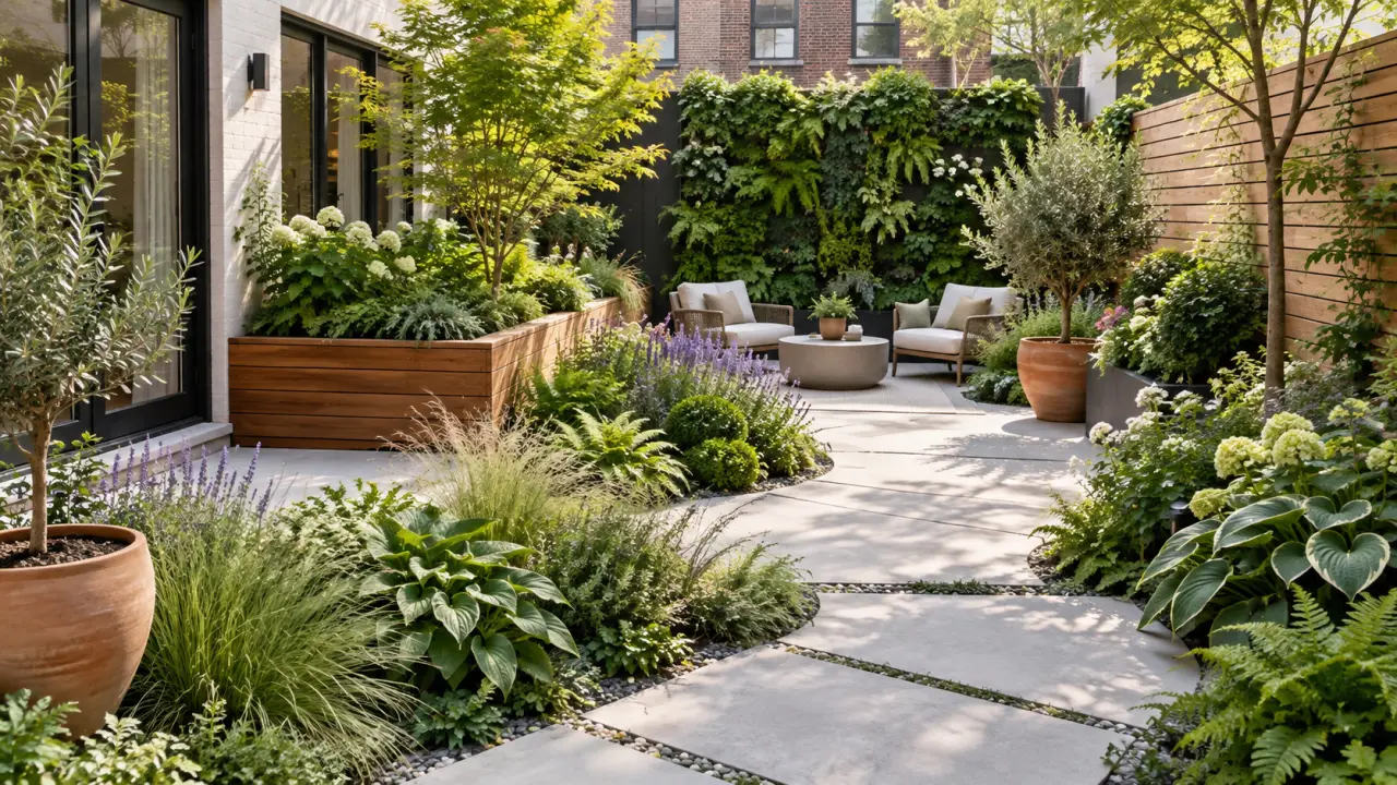 Cour urbaine transformée en oasis végétale avec plantations luxuriantes et mobilier contemporain