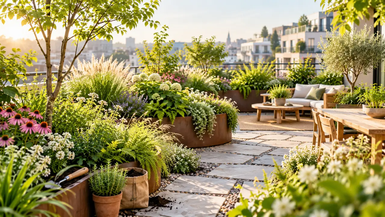 Jardin urbain contemporain et luxuriant aux formes organiques