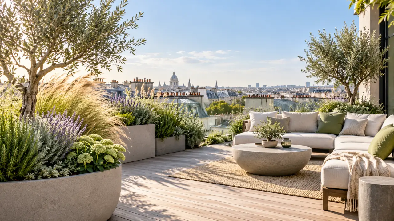 Terrasse urbaine végétalisée avec des graminées résistant au vent