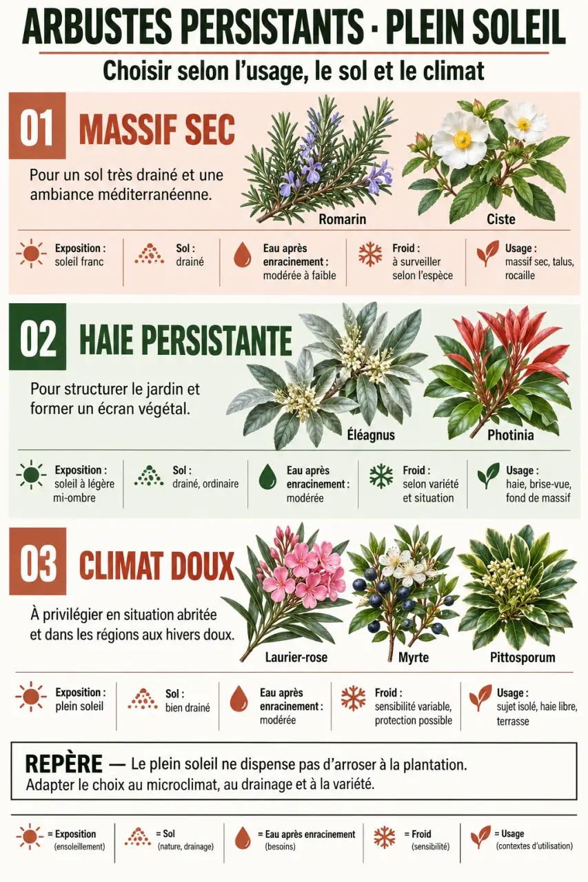 Arbuste persistant plein soleil : infographie de choix selon le sol, l’eau, le climat et l’usage