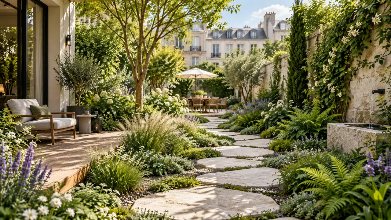 Cour urbaine transformée en oasis végétale contemporaine