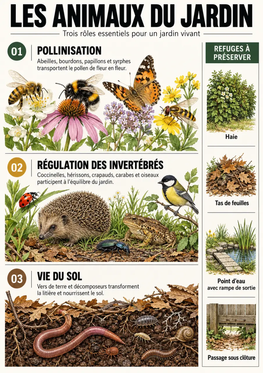 Animaux du jardin et leurs rôles dans la pollinisation, la régulation des insectes et la vie du sol