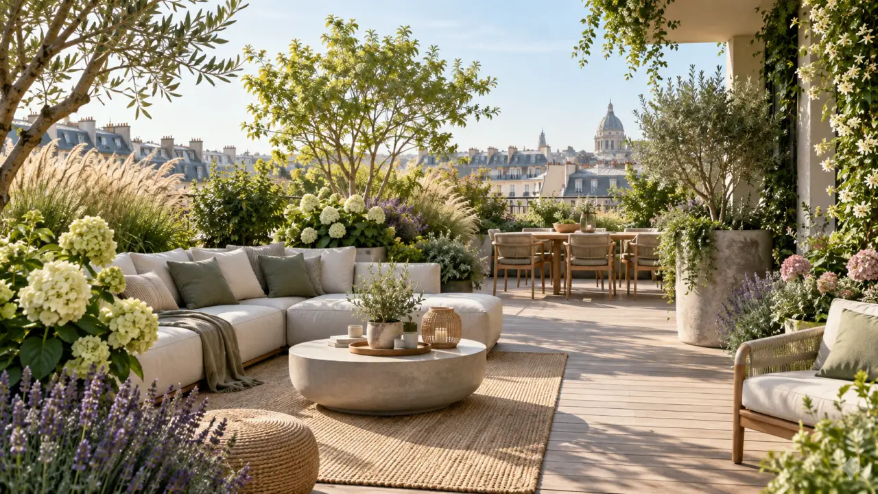 Terrasse végétalisée contemporaine après un été, avec graminées, plantes en pots et espace de détente