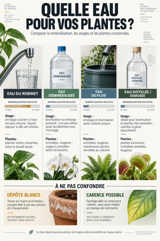 Infographie sur l’eau déminéralisée pour les plantes et la comparaison des eaux d’arrosage