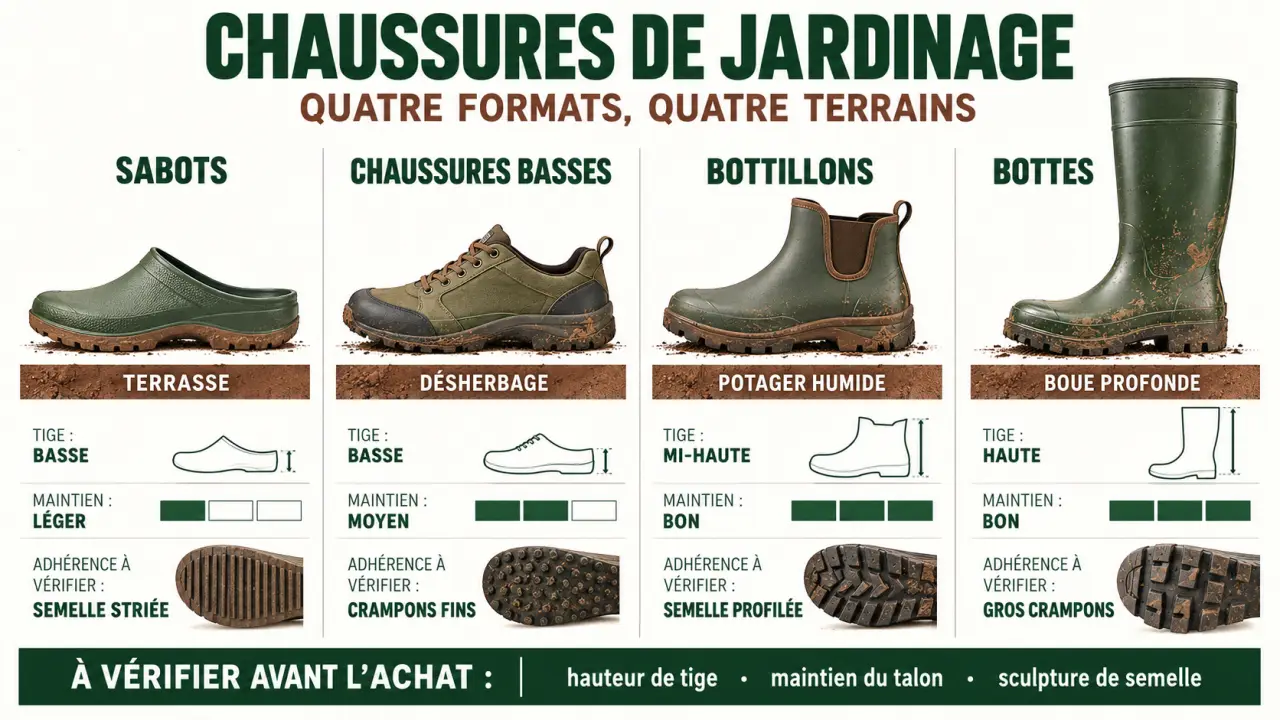 Infographie comparative des chaussures de jardinage selon le terrain et la hauteur de tige