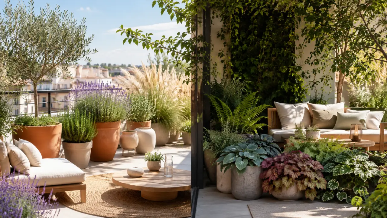 Terrasse végétalisée lumineuse avec compositions graphiques et plantes aux formes organiques