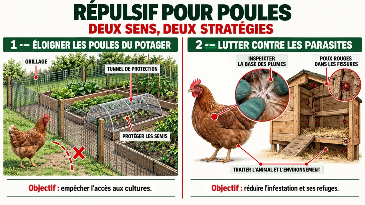 Infographie sur le répulsif pour poules au potager et contre les parasites du poulailler
