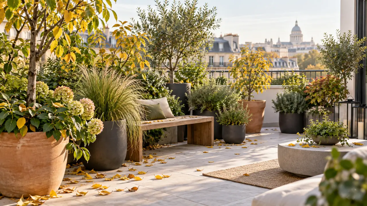 Plantes en pots sur une terrasse lumineuse, certaines feuilles ayant jauni ou chuté