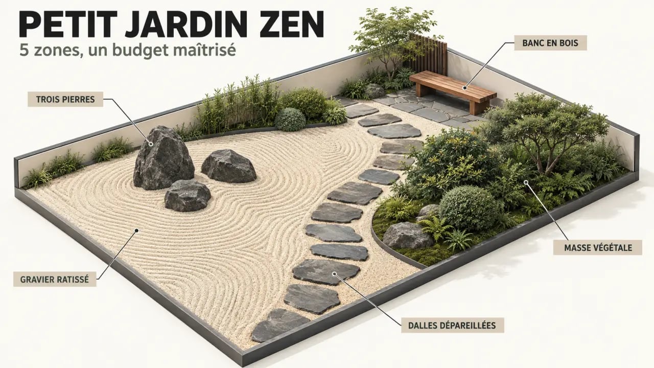 Schéma d’aménagement d’un jardin zen extérieur pas cher avec gravier, pierres, plantes et banc