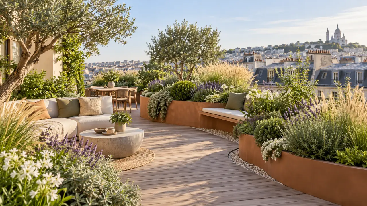 Terrasse contemporaine végétalisée avec des plantes aux formes organiques