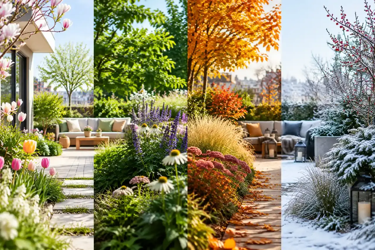 Jardin urbain fleuri et contemporain vivant au rythme des saisons